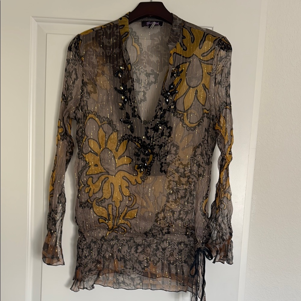 Hale Bob Sheer Sparkling Floral Women's Top with Rhinestones